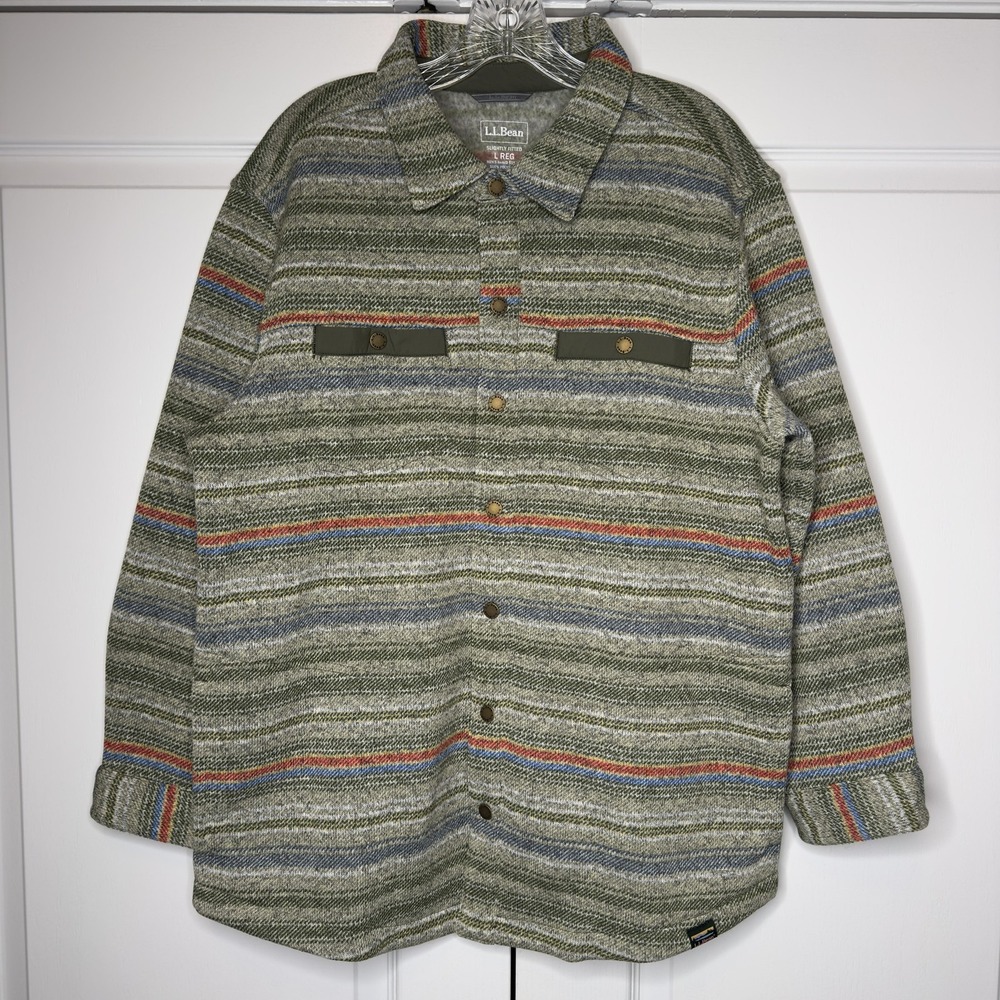 L.L. Bean Shirt Jacket Mens Large Green Stripe Fleece Lined Shacket Snap Front